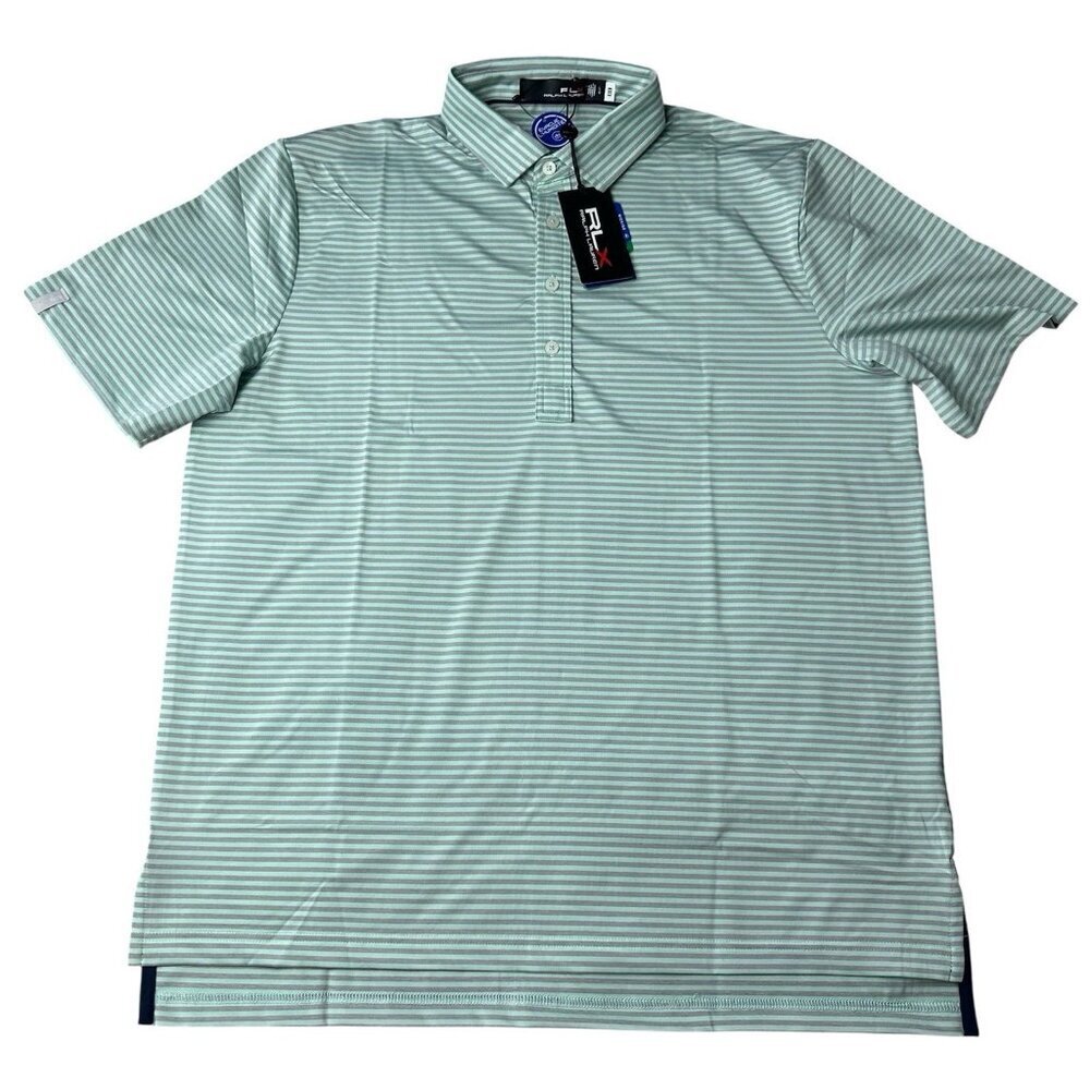 New Mens RLX Ralph Lauren Golf Polo Shirt L Large Green Gray Striped Performance
